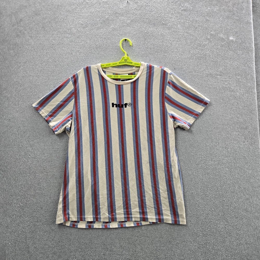 HUF Men Shirt XL Beige Striped Logo‎ Short Sleeve Hip Hop Rap Streetwear